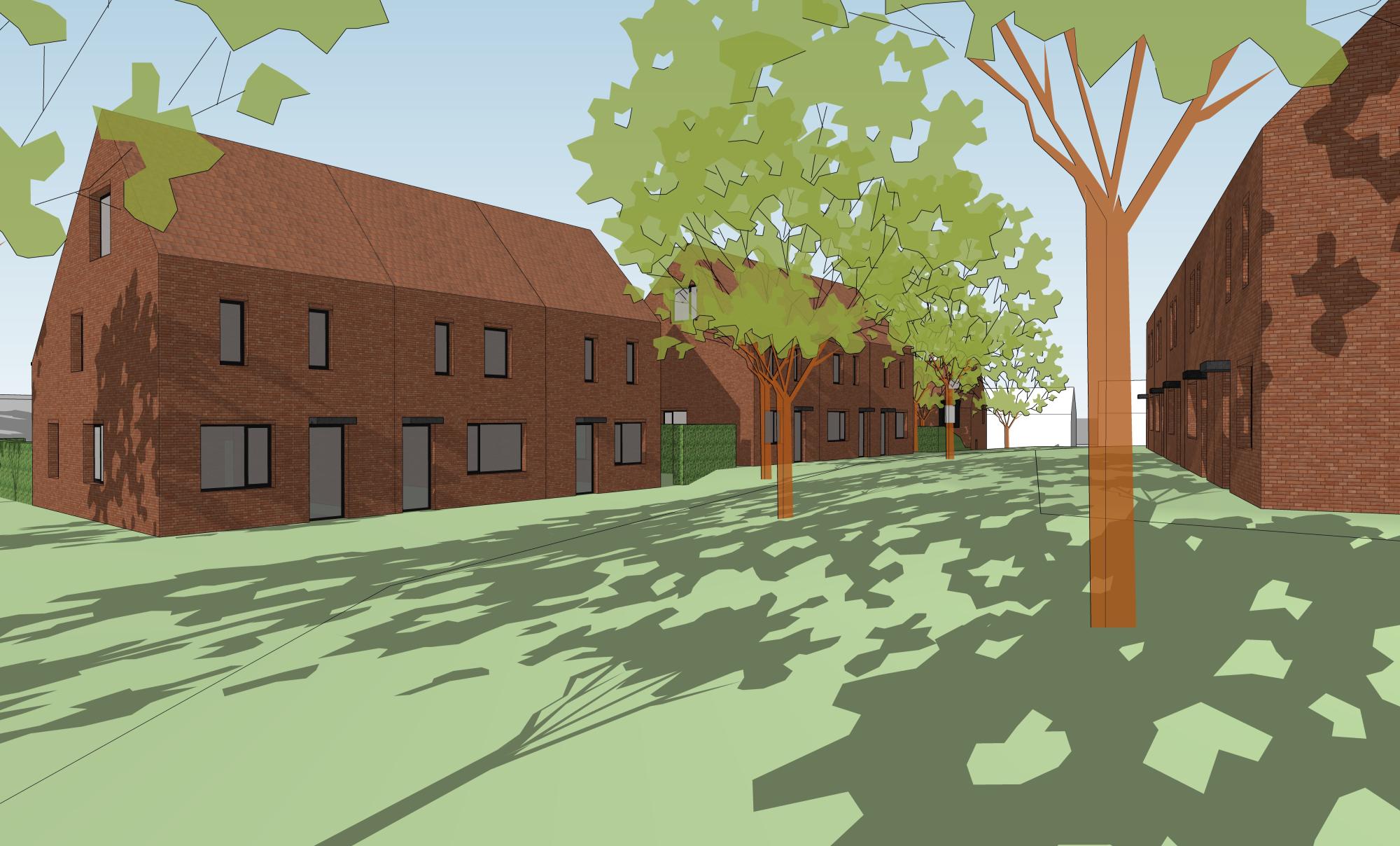 Vlabinvest - Bosstraat in Bertem - zicht op binnengebied met bomen Zicht op binnengebied met bomen woonproject Bosstraat Bertem